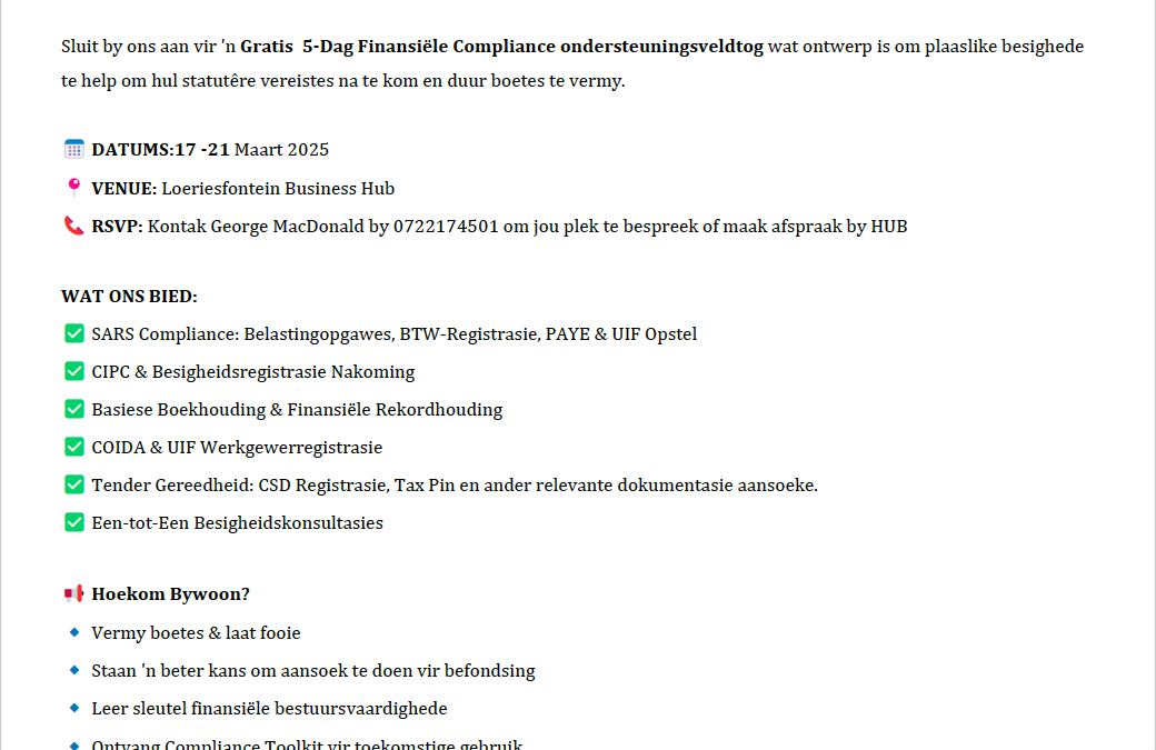 LOERIESFONTEIN JAAREINDE FINANSIËLE COMPLIANCE VELDTOG