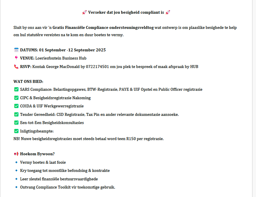 LOERIESFONTEIN COMPLIANCE VELDTOG